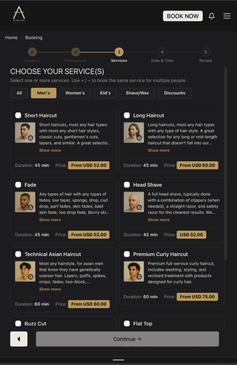 Booking flow — service selection step on a tablet