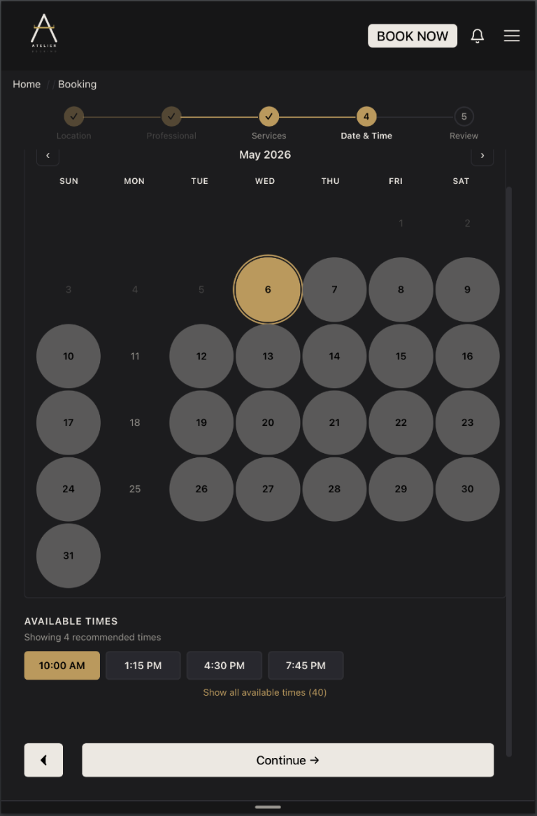 Booking flow — calendar with available time slots