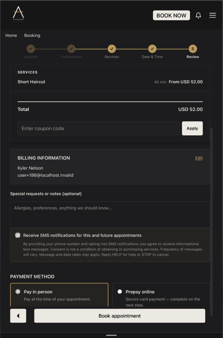Review and checkout step with billing, special requests, and pay-in-person or prepay-online options