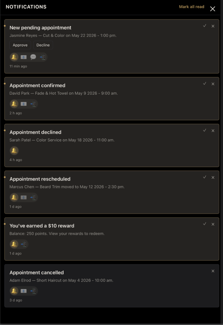 Notifications drawer showing pending appointment with approve/decline, confirmed, declined, rescheduled, reward, and cancelled cards
