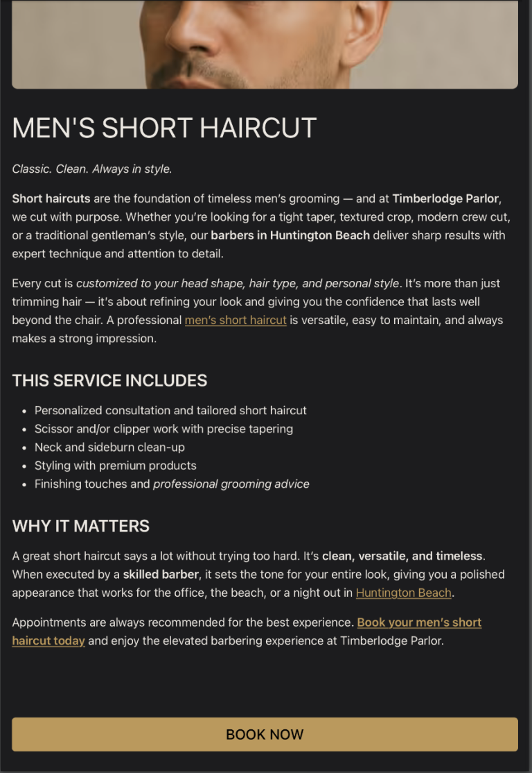 Service detail page for Men's Short Haircut with description, what's included, and Book Now CTA