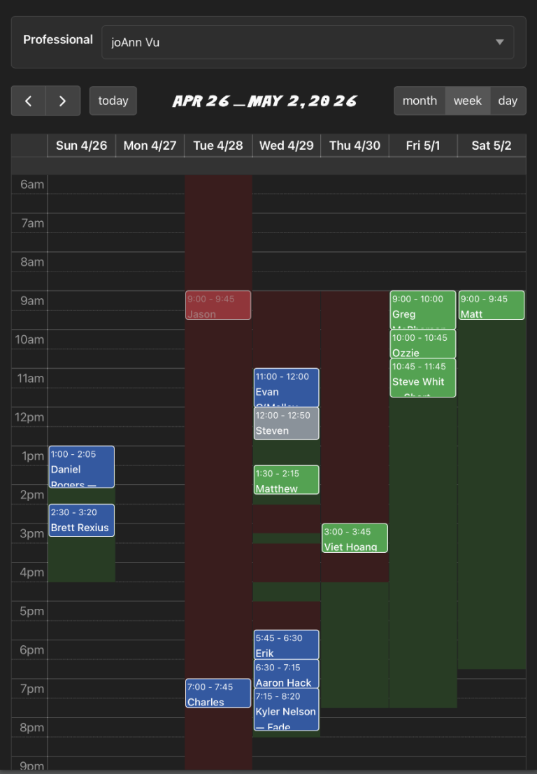 Staff schedule view — week grid with appointments coloured by status