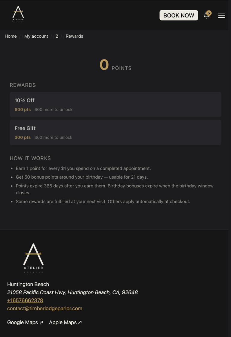 Customer rewards page with points balance, tiered rewards, and how-it-works explainer