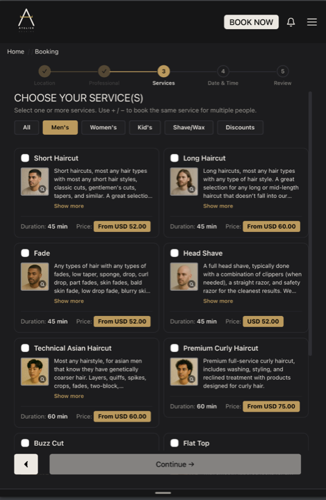 Atelier booking screen showing a menu of services with prices and durations