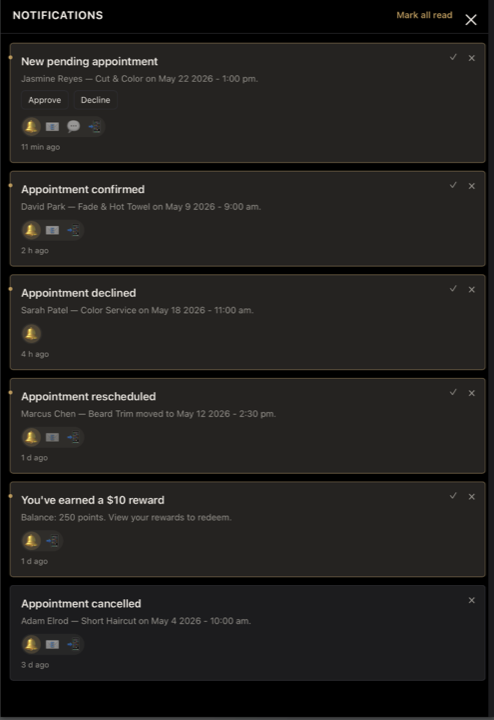 Atelier notifications drawer showing pending, confirmed and rescheduled appointments