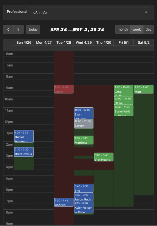 Atelier staff calendar showing a week of colour-coded appointments